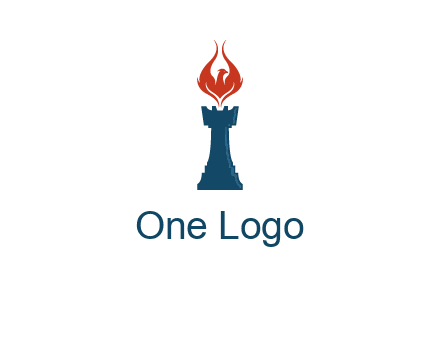 chess rook with phoenix flames logo