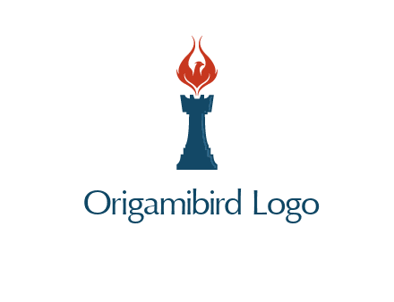 chess rook with phoenix flames logo