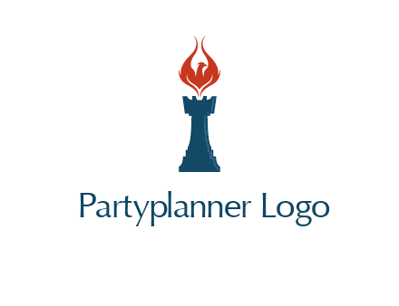 chess rook with phoenix flames logo
