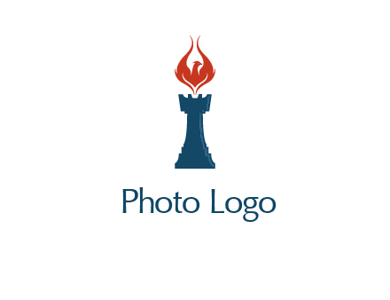 chess rook with phoenix flames logo