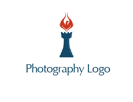 chess rook with phoenix flames logo