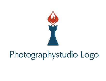chess rook with phoenix flames logo