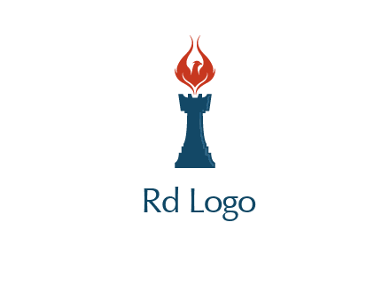 chess rook with phoenix flames logo