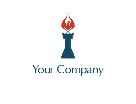 chess rook with phoenix flames logo