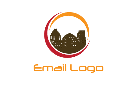 buildings inside a circular logo