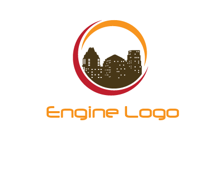 buildings inside a circular logo