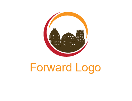 buildings inside a circular logo