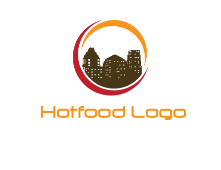 buildings inside a circular logo