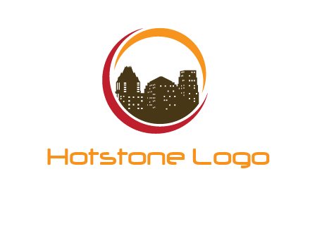 buildings inside a circular logo