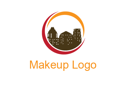 buildings inside a circular logo