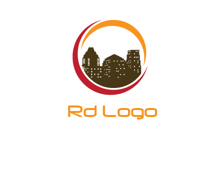 buildings inside a circular logo