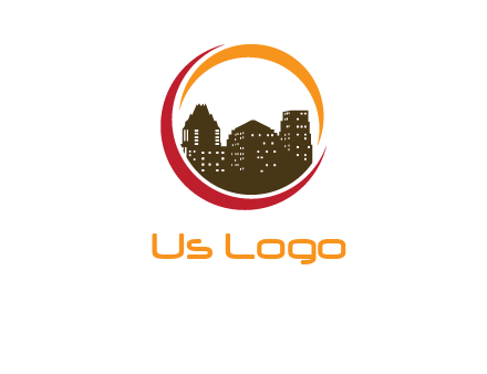 buildings inside a circular logo