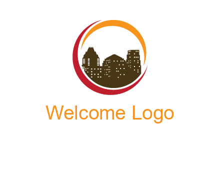 buildings inside a circular logo