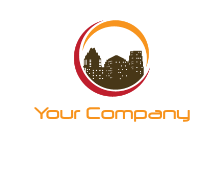buildings inside a circular logo