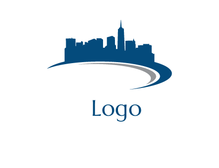 cityscape over a crescent logo