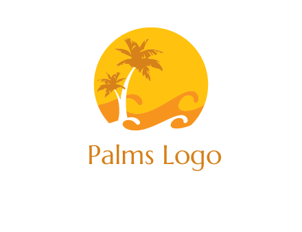 sun logo with palm trees and waves in front