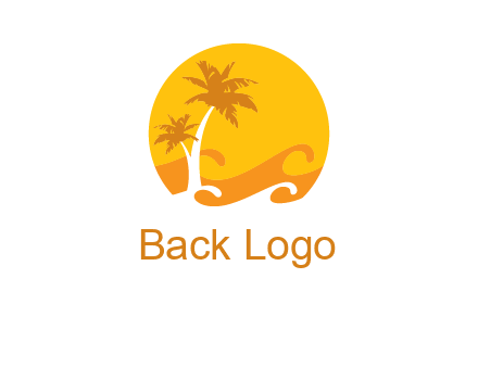 sun logo with palm trees and waves in front