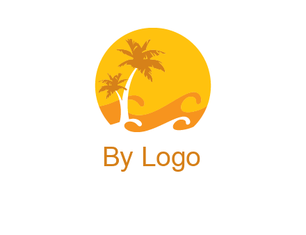 sun logo with palm trees and waves in front