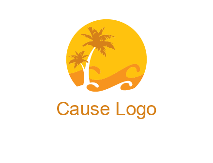 sun logo with palm trees and waves in front
