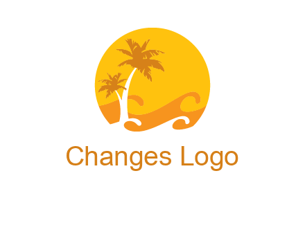 sun logo with palm trees and waves in front