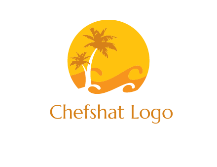 sun logo with palm trees and waves in front