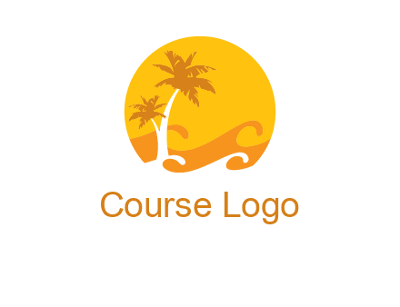 sun logo with palm trees and waves in front
