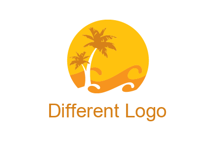 sun logo with palm trees and waves in front