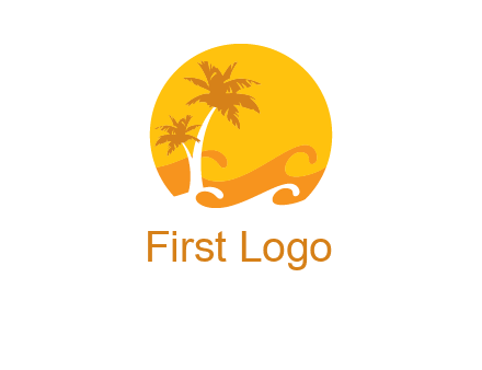 sun logo with palm trees and waves in front
