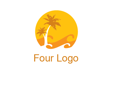 sun logo with palm trees and waves in front