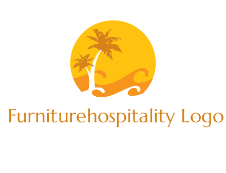 sun logo with palm trees and waves in front