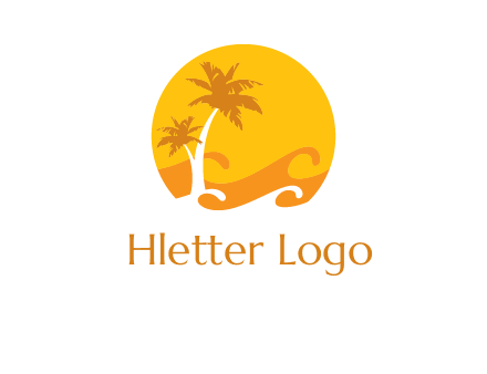 sun logo with palm trees and waves in front