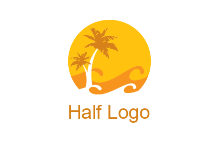 sun logo with palm trees and waves in front