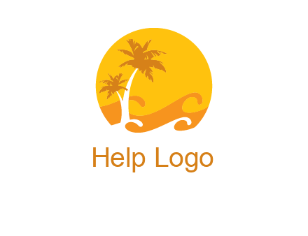 sun logo with palm trees and waves in front