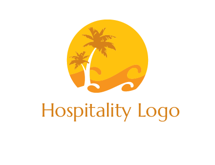 sun logo with palm trees and waves in front