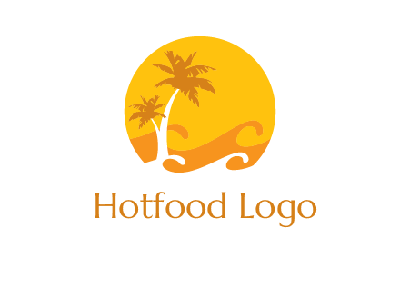 sun logo with palm trees and waves in front