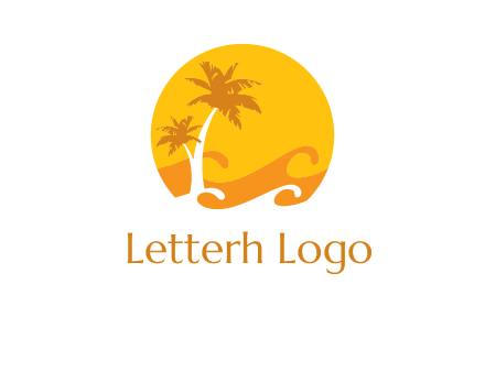 sun logo with palm trees and waves in front