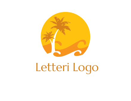 sun logo with palm trees and waves in front