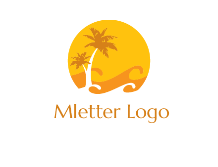 sun logo with palm trees and waves in front