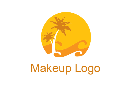 sun logo with palm trees and waves in front