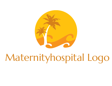 sun logo with palm trees and waves in front