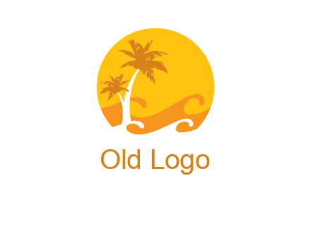 sun logo with palm trees and waves in front