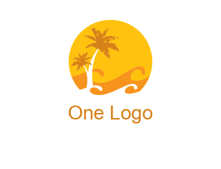 sun logo with palm trees and waves in front