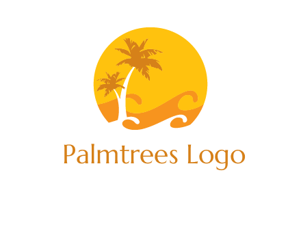 sun logo with palm trees and waves in front