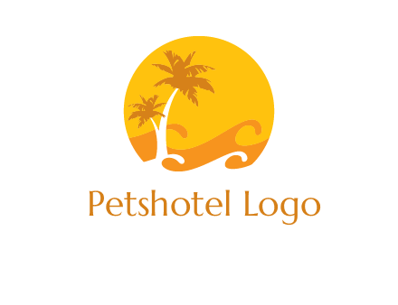 sun logo with palm trees and waves in front