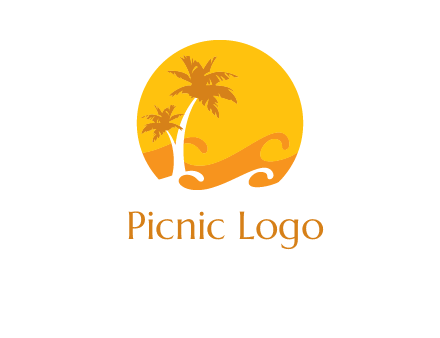 sun logo with palm trees and waves in front