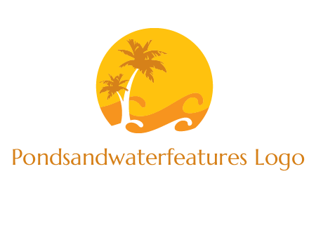 sun logo with palm trees and waves in front
