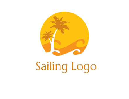 sun logo with palm trees and waves in front