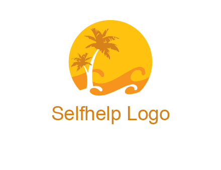 sun logo with palm trees and waves in front