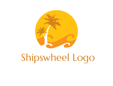 sun logo with palm trees and waves in front