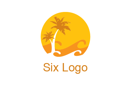 sun logo with palm trees and waves in front